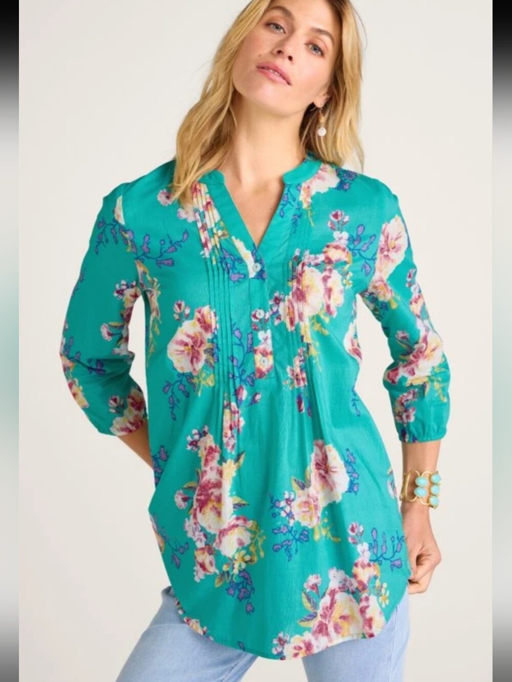 Soft Surroundings Lanie Printed Tunic Teal Floral Pintuck Cotton NWOT Large